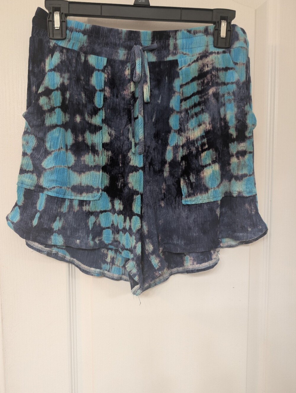 Mystree Tie-Dye Blue and Teal Drawstring Women’s Shorts With Flowy Hem